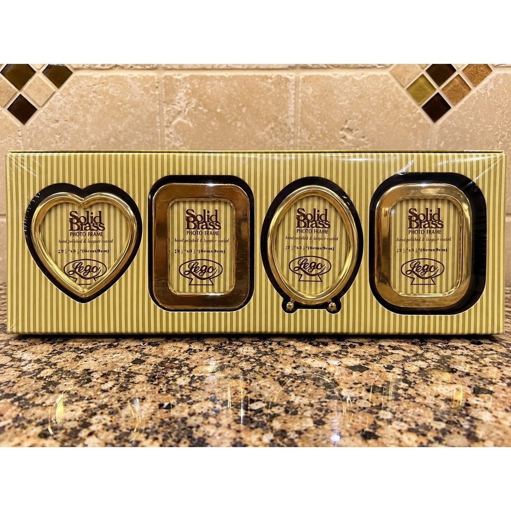 Vintage Lego Solid Brass Photo Frames Set of 4 2.5x3.5 Heart Oval NIB
